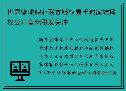 世界篮球职业联赛版权易手独家转播权公开竞标引发关注