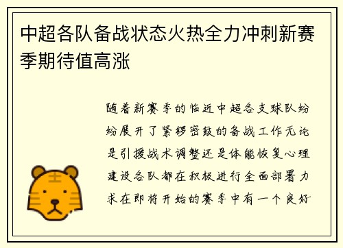 中超各队备战状态火热全力冲刺新赛季期待值高涨