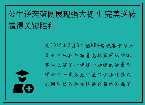 公牛逆袭篮网展现强大韧性 完美逆转赢得关键胜利