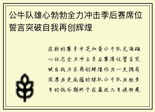 公牛队雄心勃勃全力冲击季后赛席位誓言突破自我再创辉煌