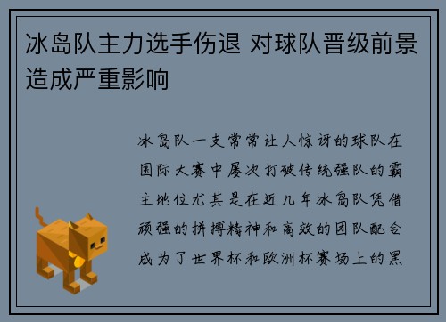 冰岛队主力选手伤退 对球队晋级前景造成严重影响