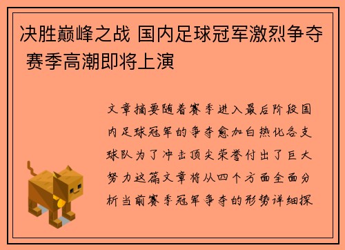 决胜巅峰之战 国内足球冠军激烈争夺 赛季高潮即将上演