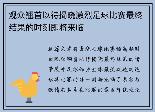 观众翘首以待揭晓激烈足球比赛最终结果的时刻即将来临